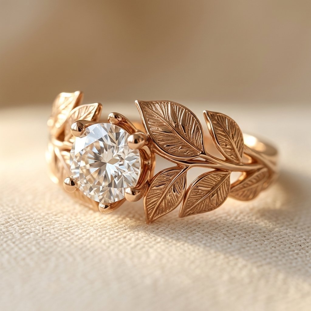 Roségoud ring met kristal en bladmotief