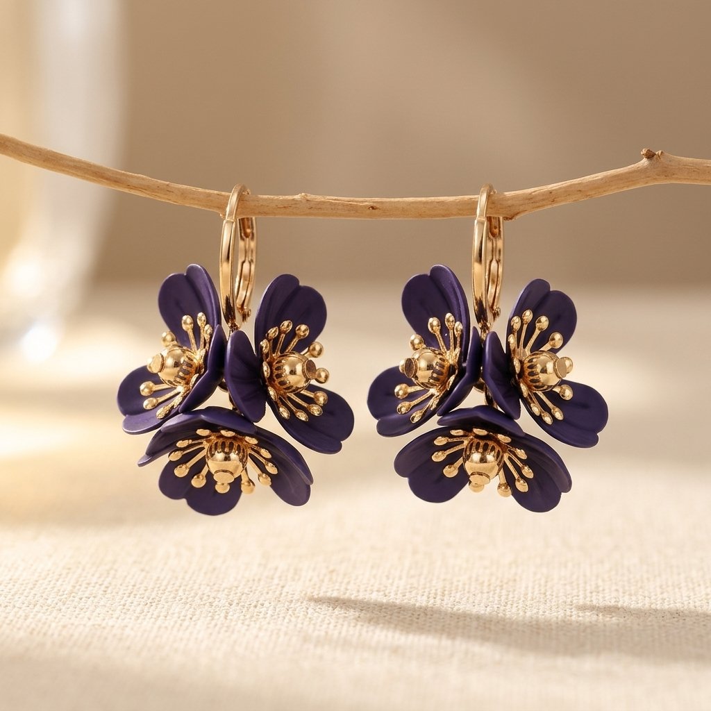 Gouden oorbellen met paarse emaille bloemen