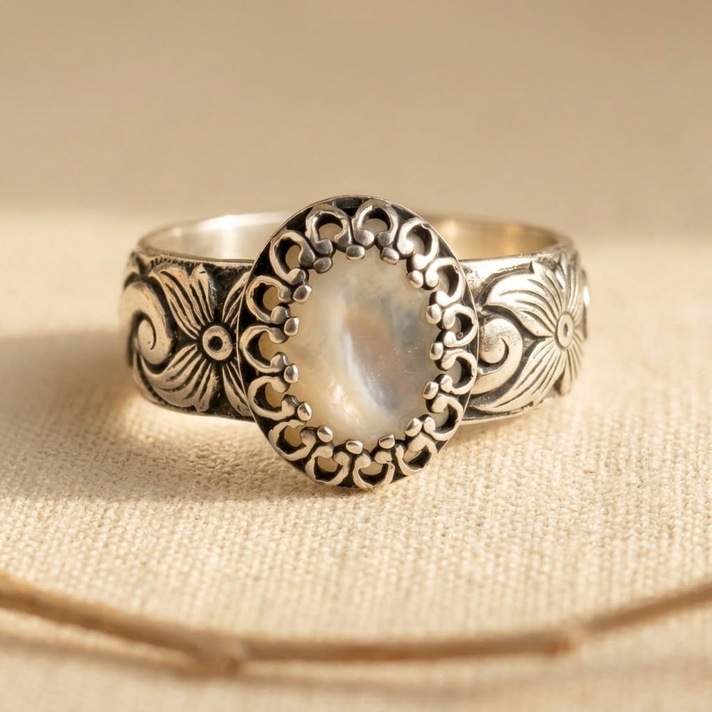 Zilveren vintage ring met parelmoer