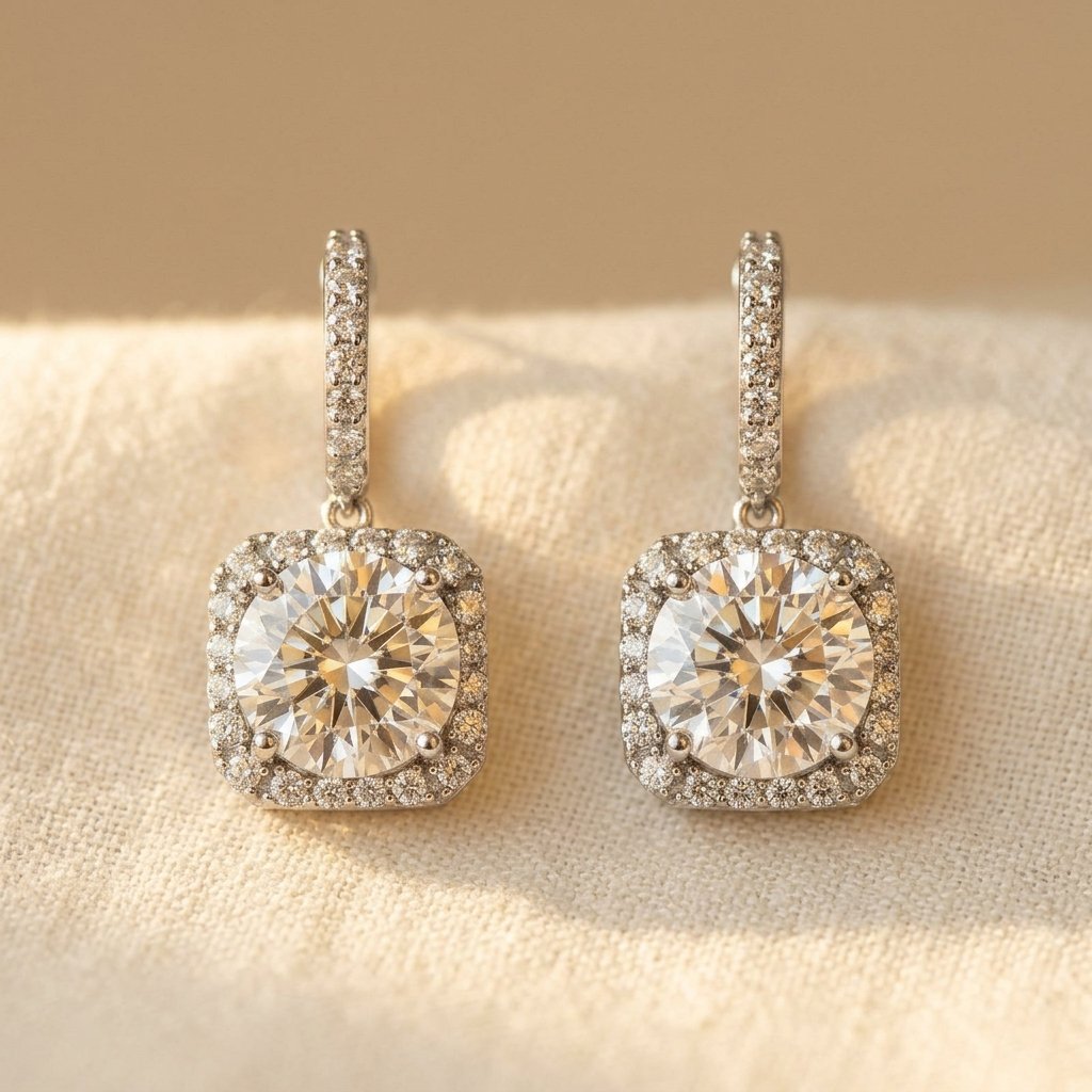 Zilveren hangoorbellen met ronde moissanite halo en kussenvorm
