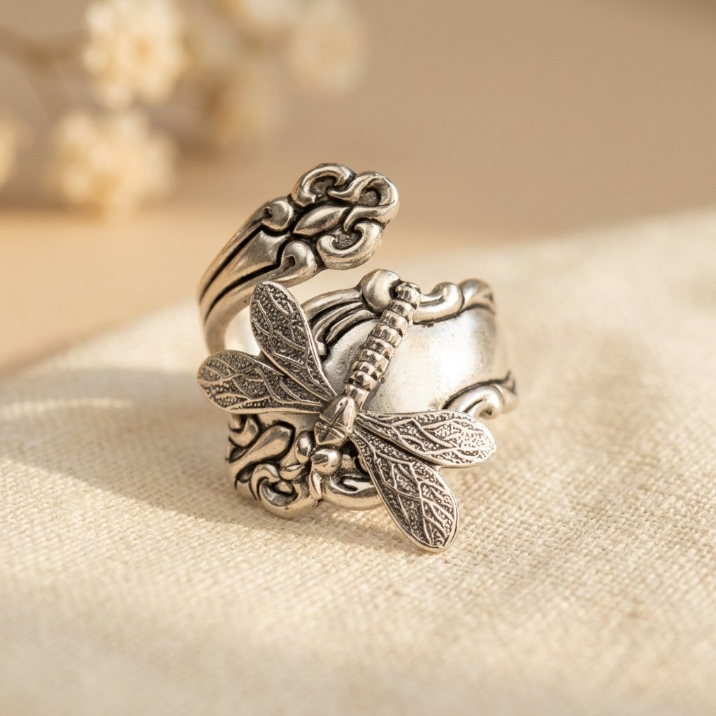 Zilveren bohemian ring met libelle
