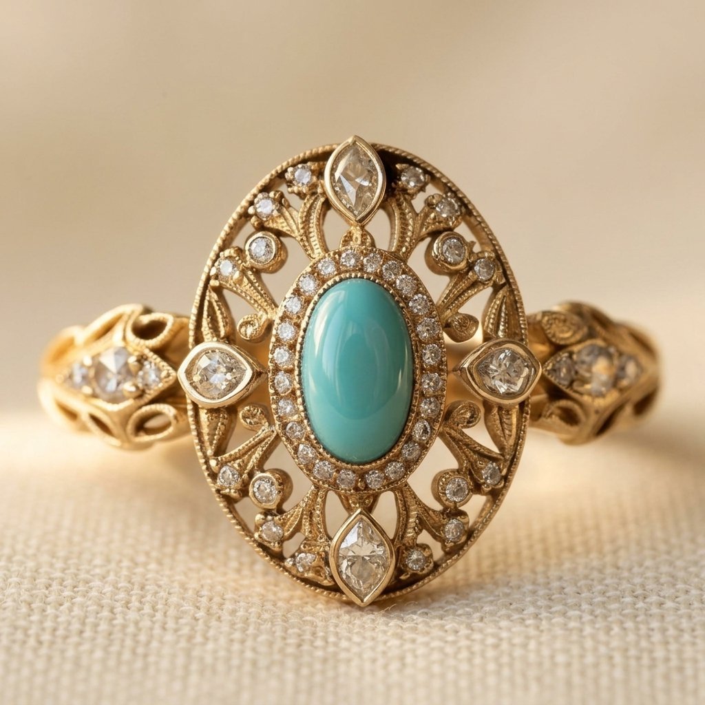 Gouden vintage ring met turquoise en zirkonia