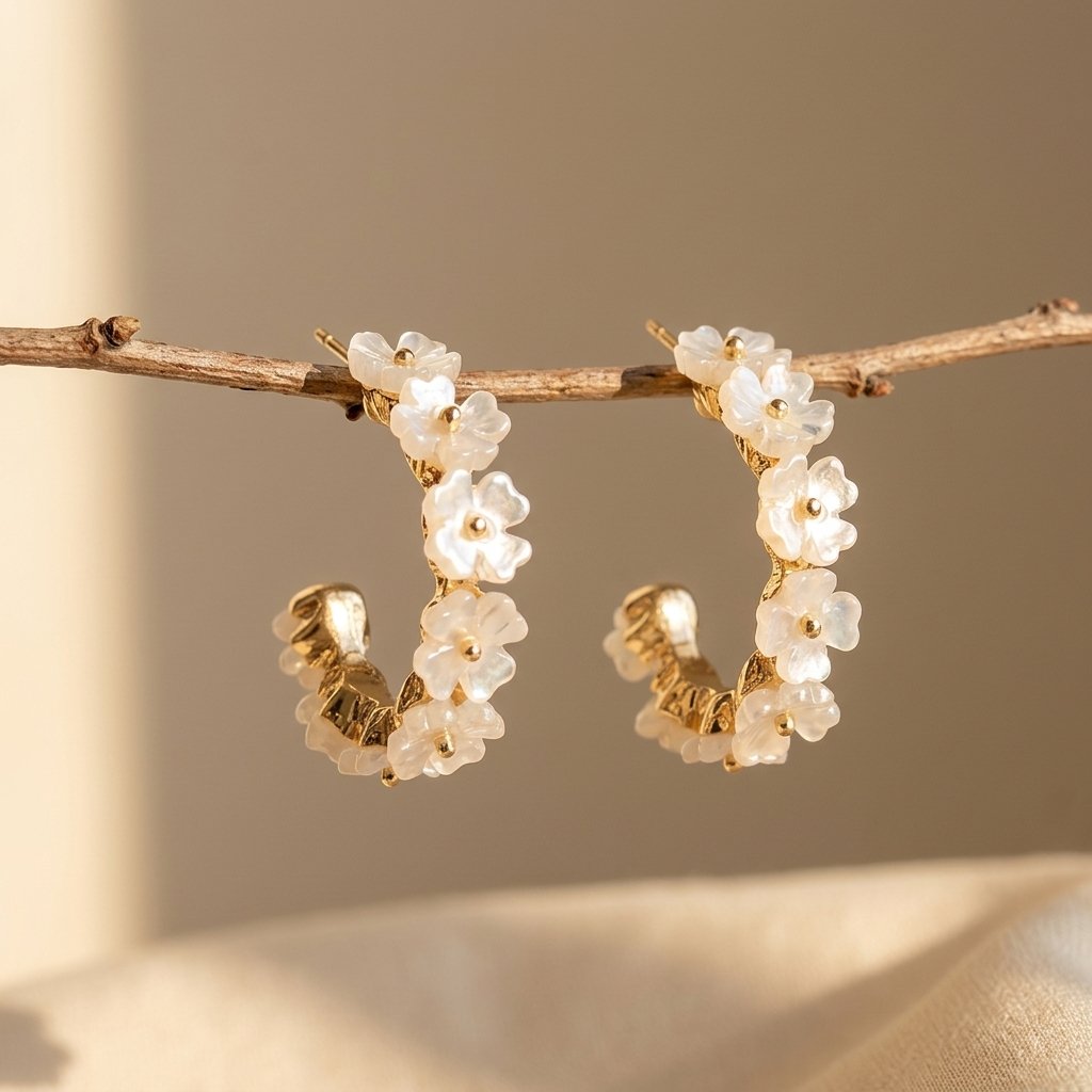 Gouden oorbellen met witte parelmoer bloemen