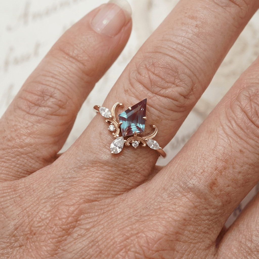 Gouden ring met kite-vormige teal steen en kroon