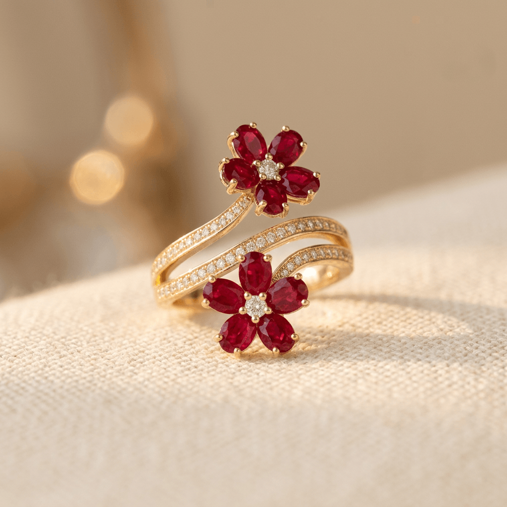 Gouden ring met twee rode bloemen en zirkonia