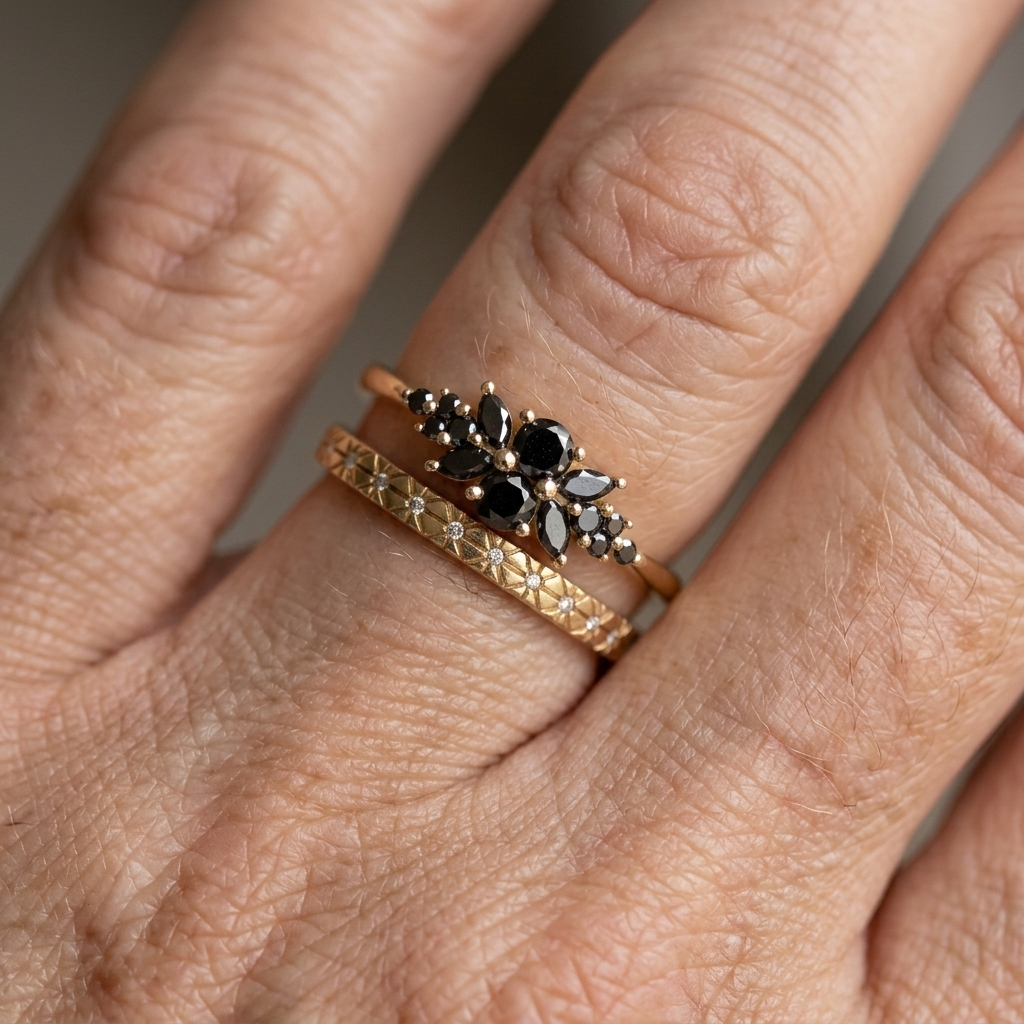 Gouden ring met zwarte zirkonia bloem