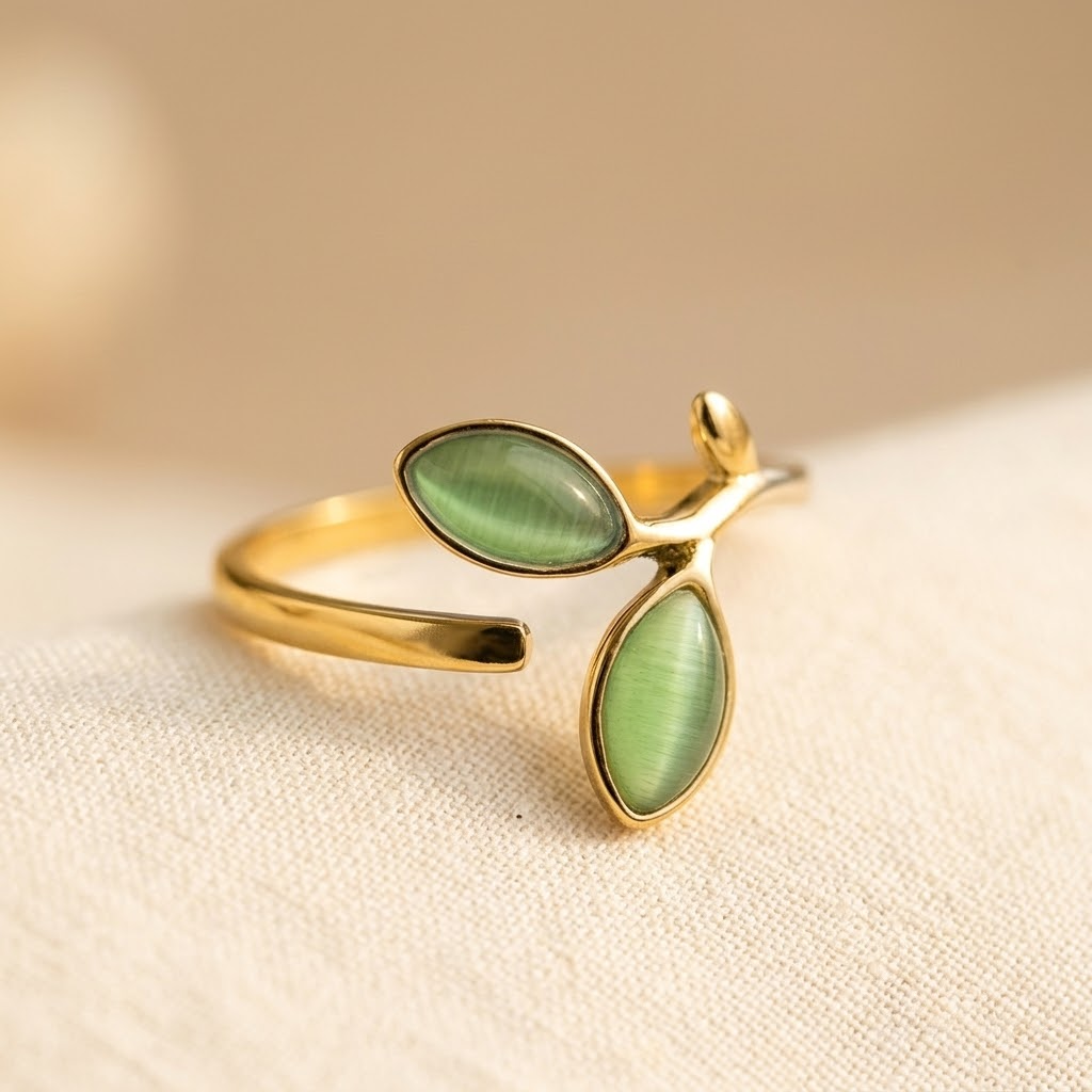 Gouden ring met groene blaadjes en cat-eye steen
