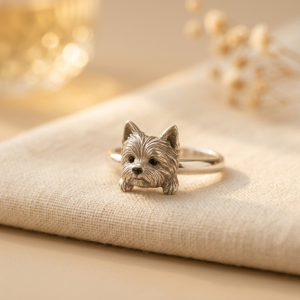 Zilveren verstelbare ring met terrierhondje