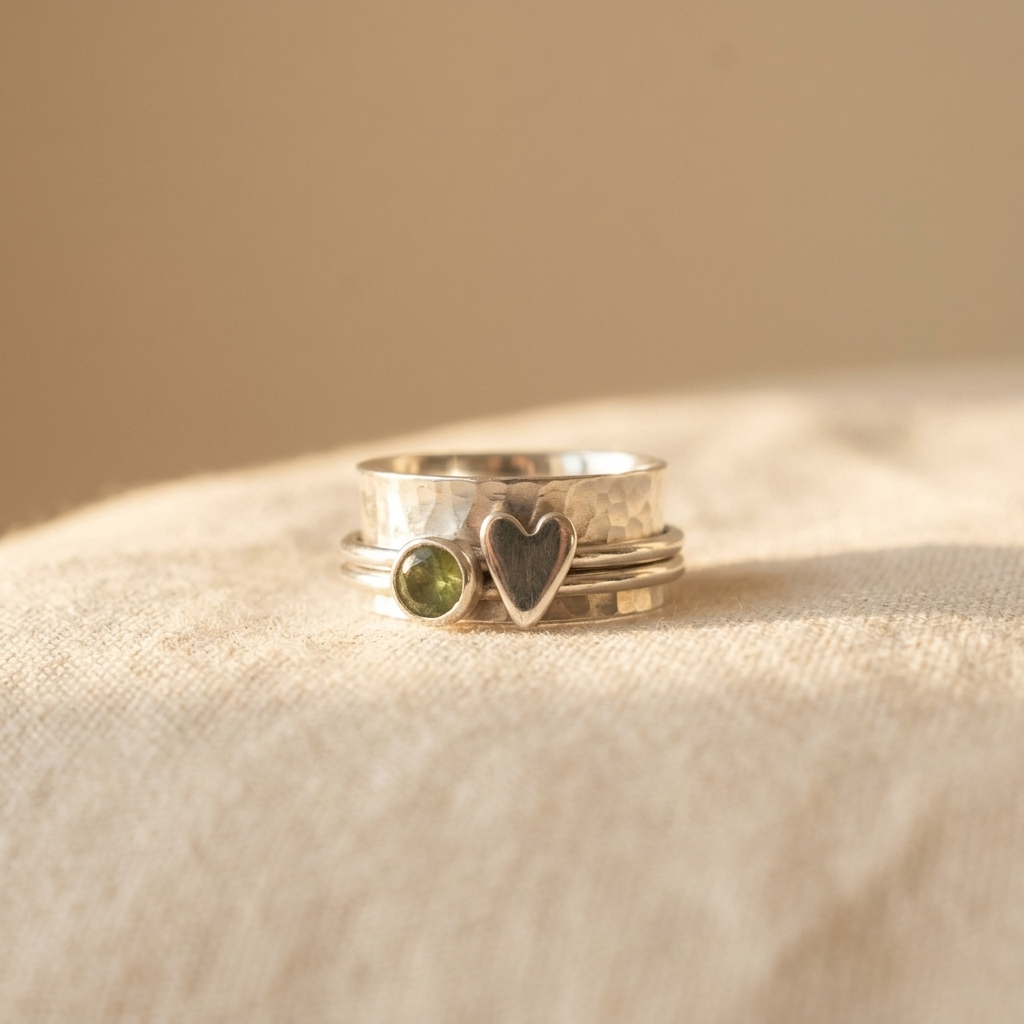 Zilveren spinner ring met hart en groene steen