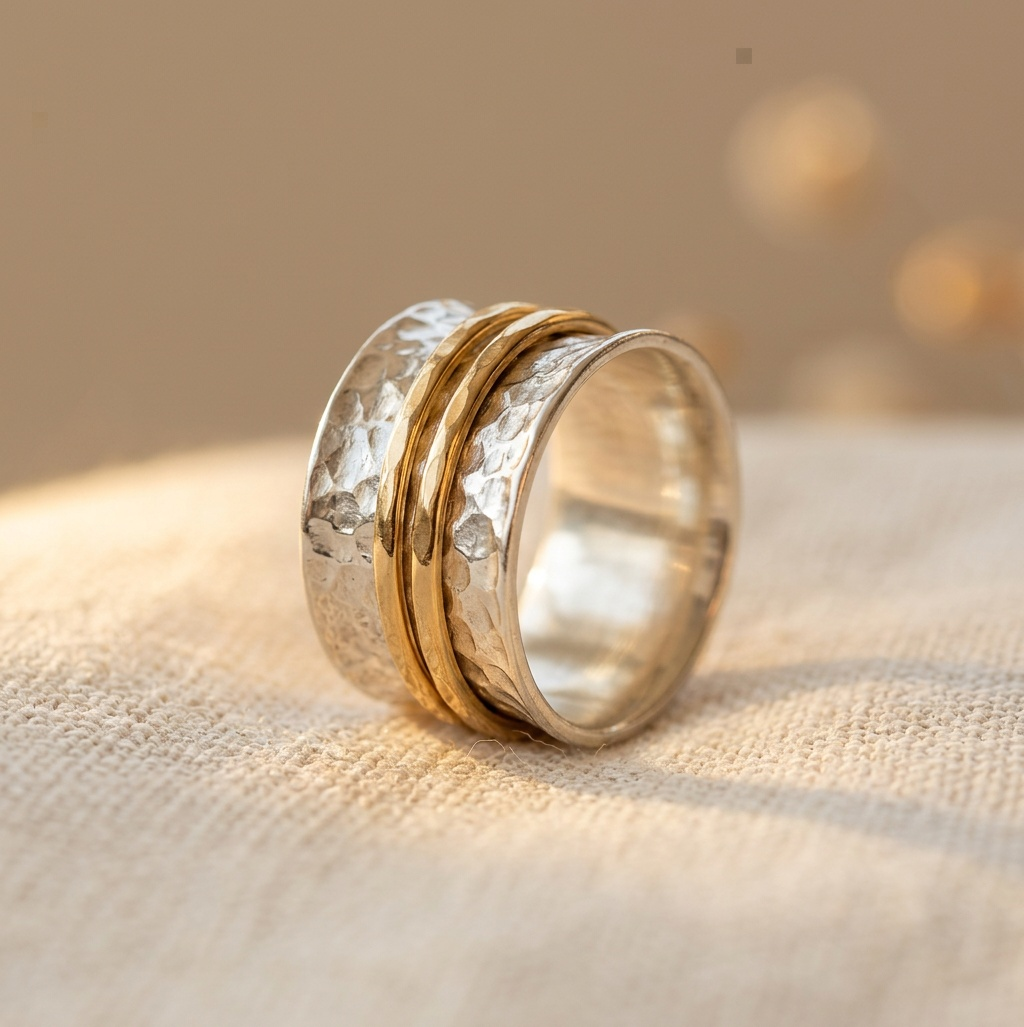 Zilveren brede spinner ring met gouden banden