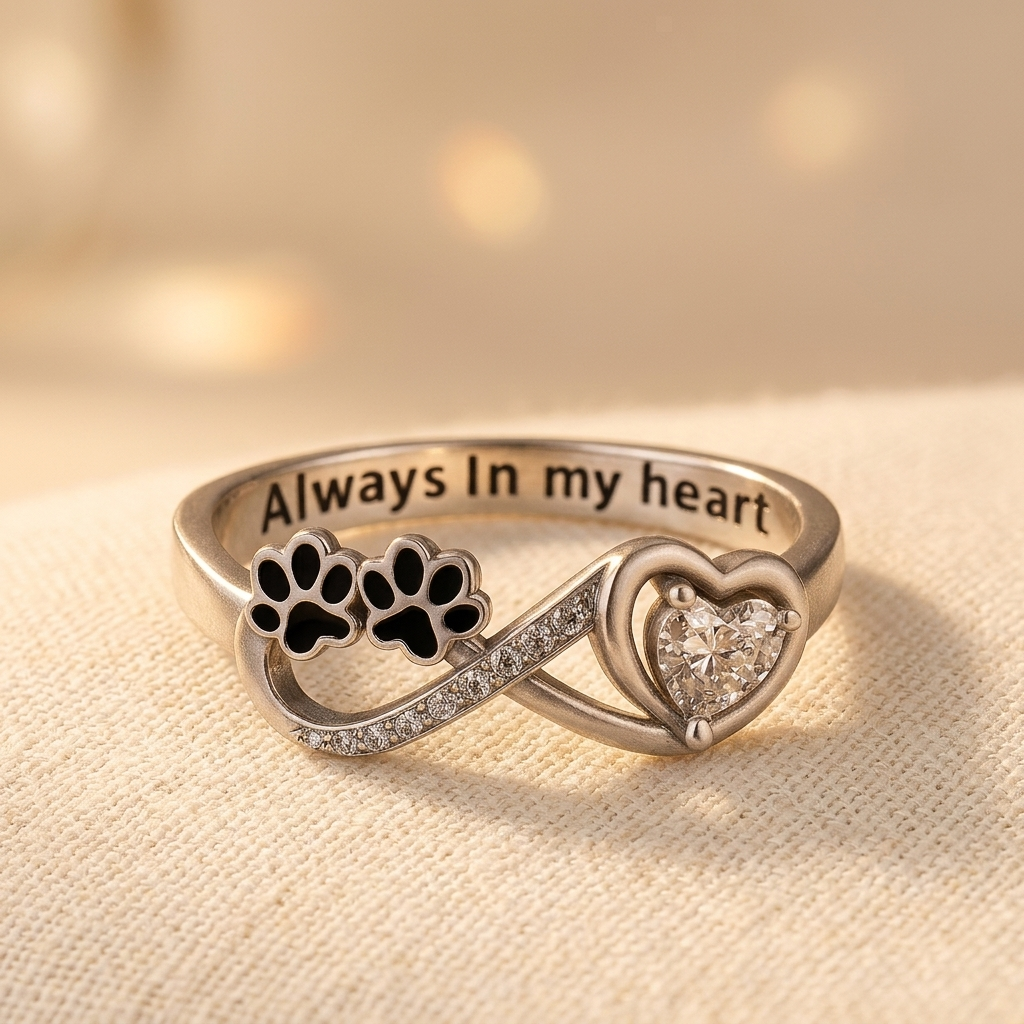 Zilveren ring met pootjes en hart Always in my heart
