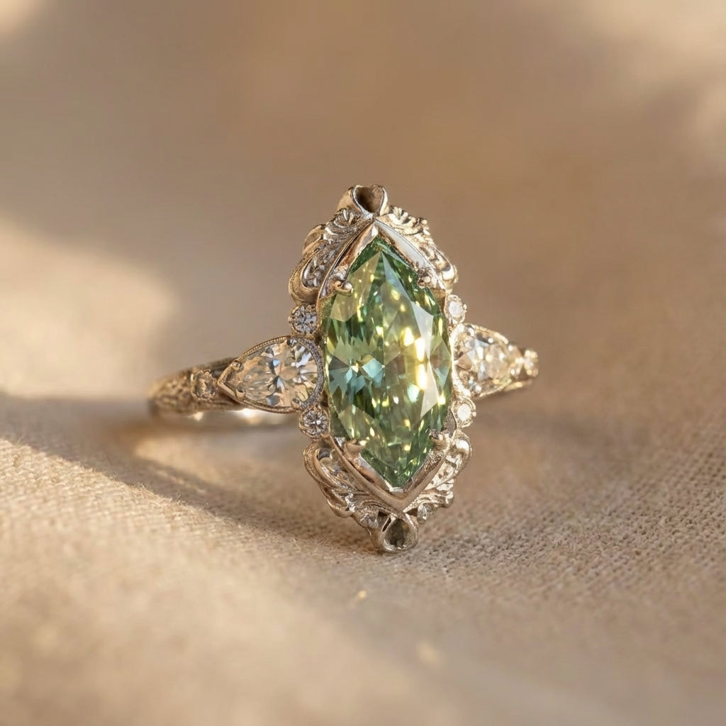 Zilveren vintage ring met groene marquise edelsteen