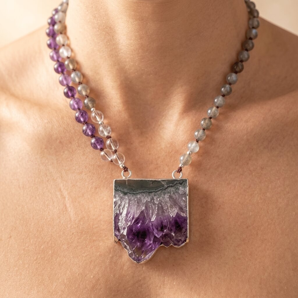 Natural Amethyst Druzy Stone Pendant Necklace