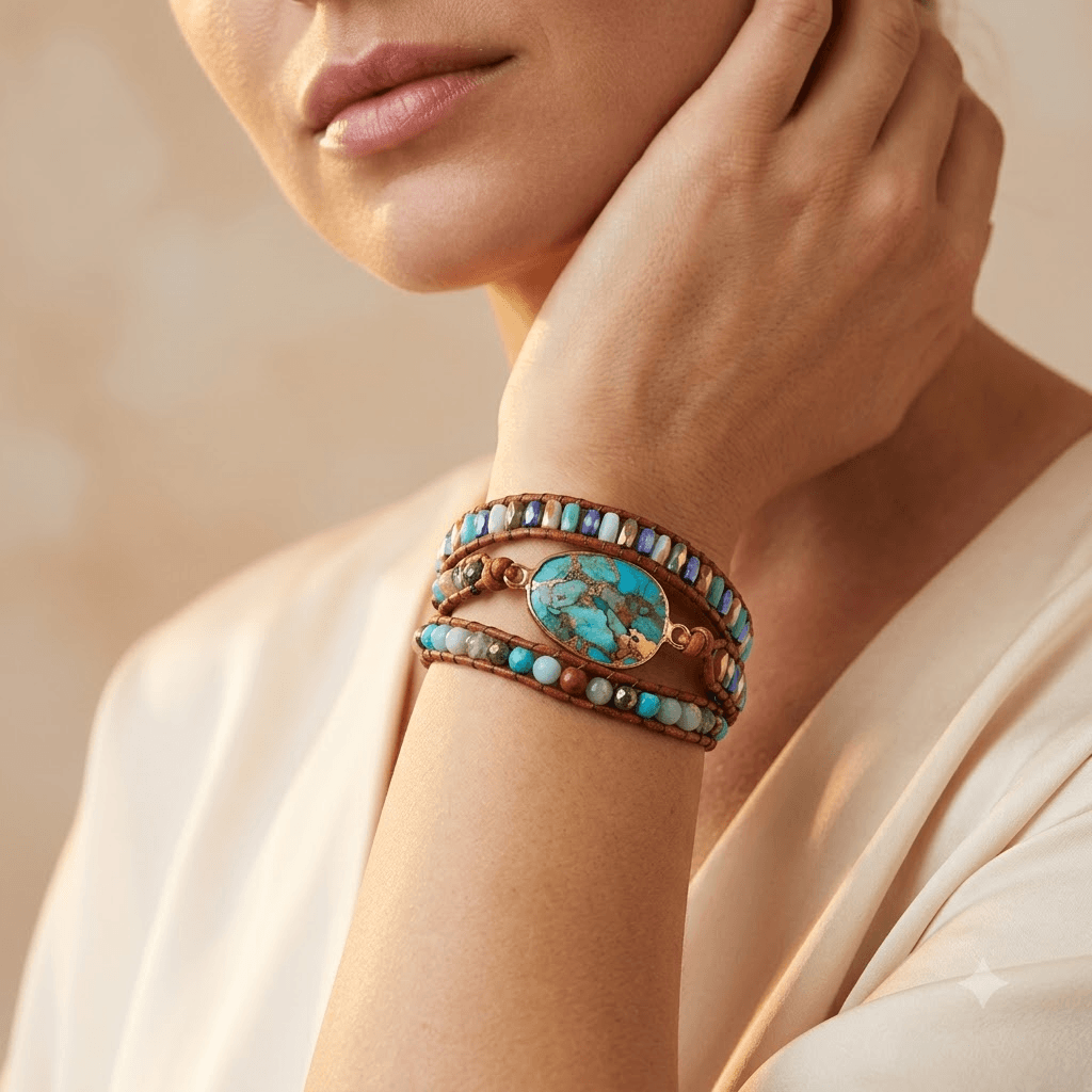 Turquoise Leather Wrap Beaded Bracelet