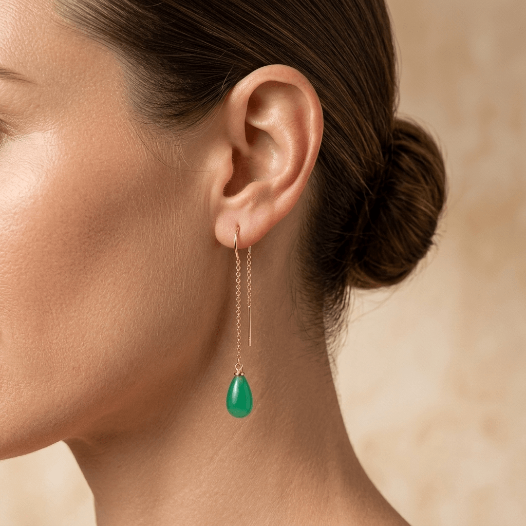 Green Onyx Gold Teardrop Thread Earrings