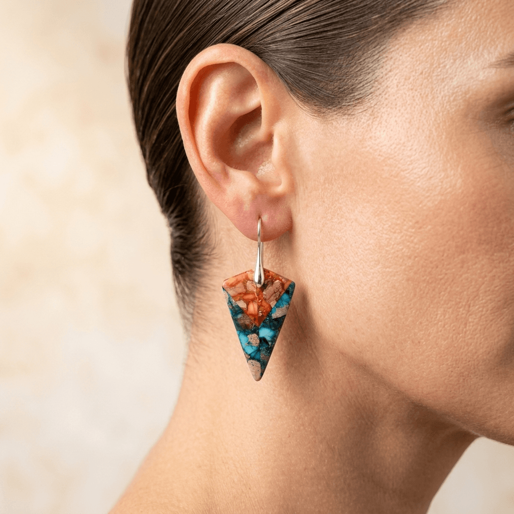 Vibrant Blue Orange Jasper Triangle Earrings