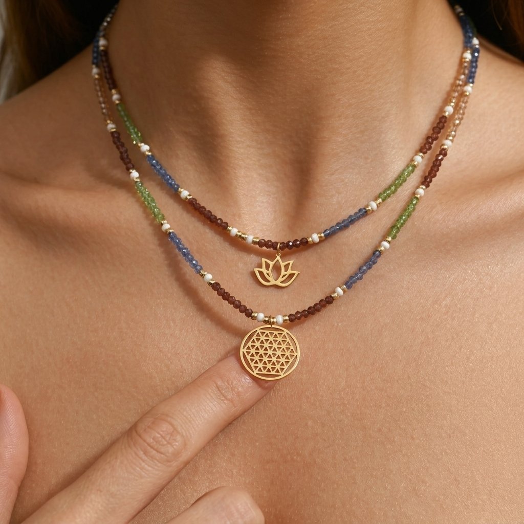 Boho Gold Lotus Gemstone Layered Necklace