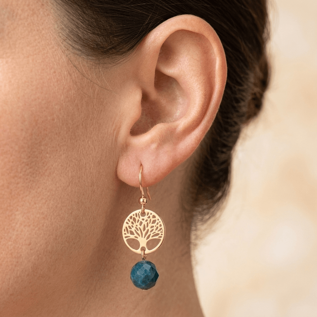 Gold Tree Of Life Blue Apatite Drop Earrings