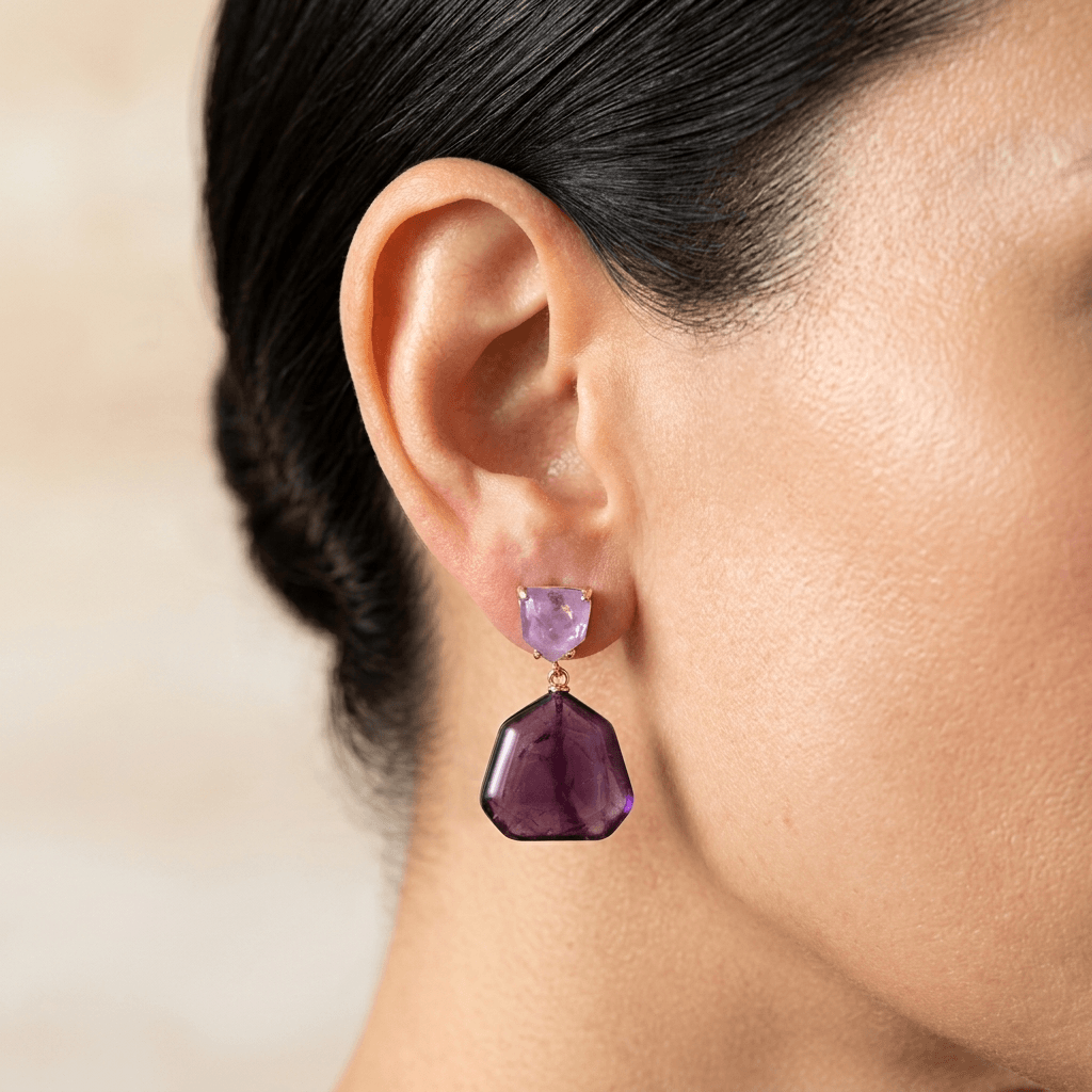 Natural Purple Amethyst Rose Gold Drop Earrings