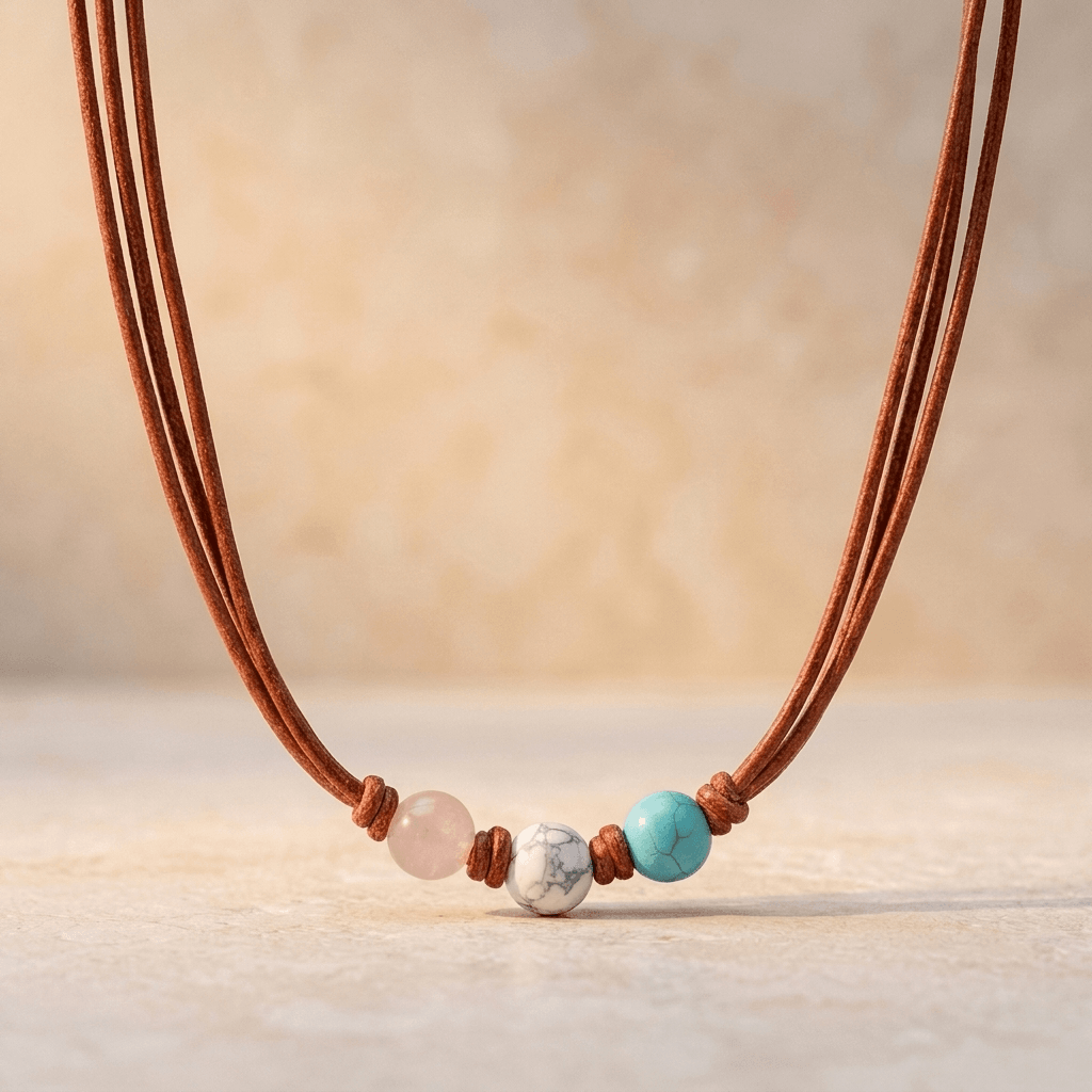 Boho Leather Rose Quartz Turquoise Bead Necklace