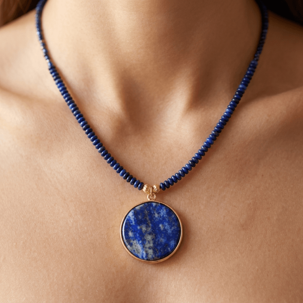 Handmade Lapis Lazuli Gold Circle Pendant Necklace