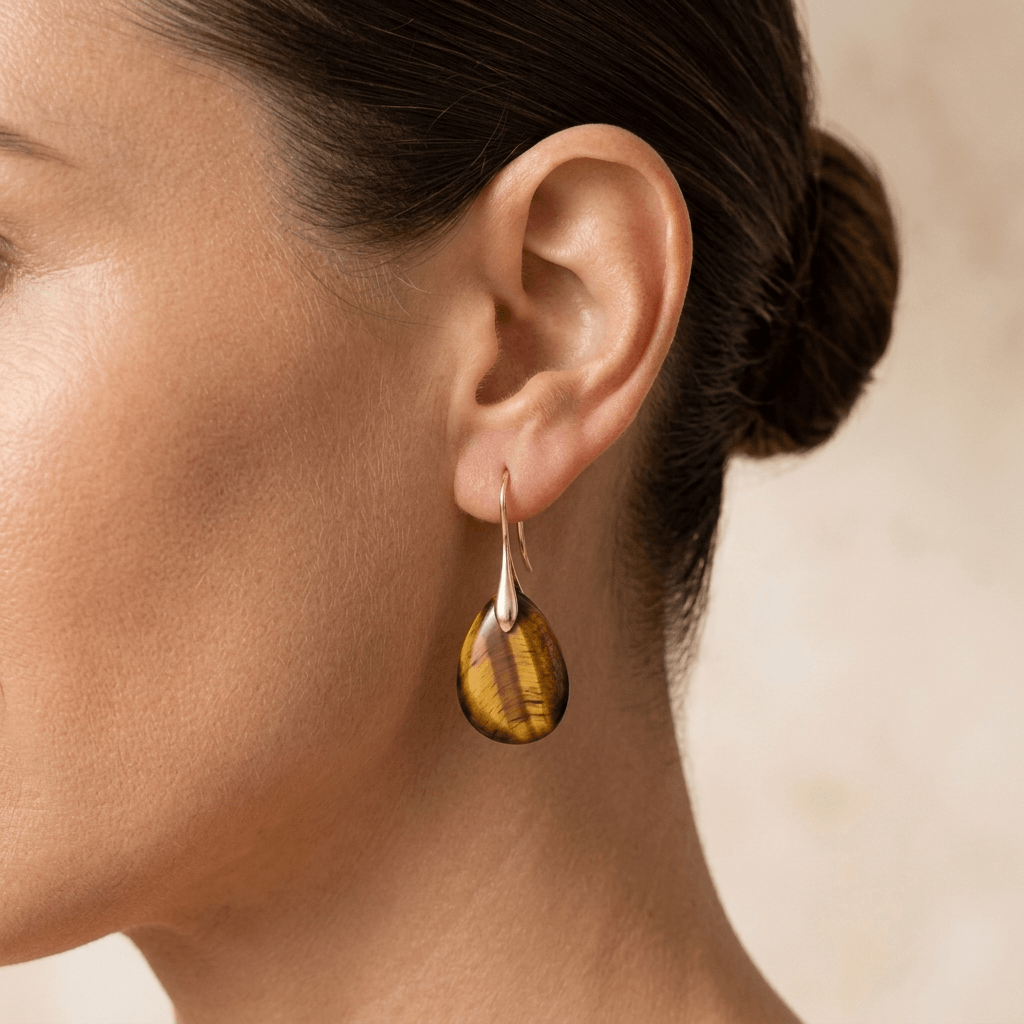 Natural Tiger Eye Gold Teardrop Earrings