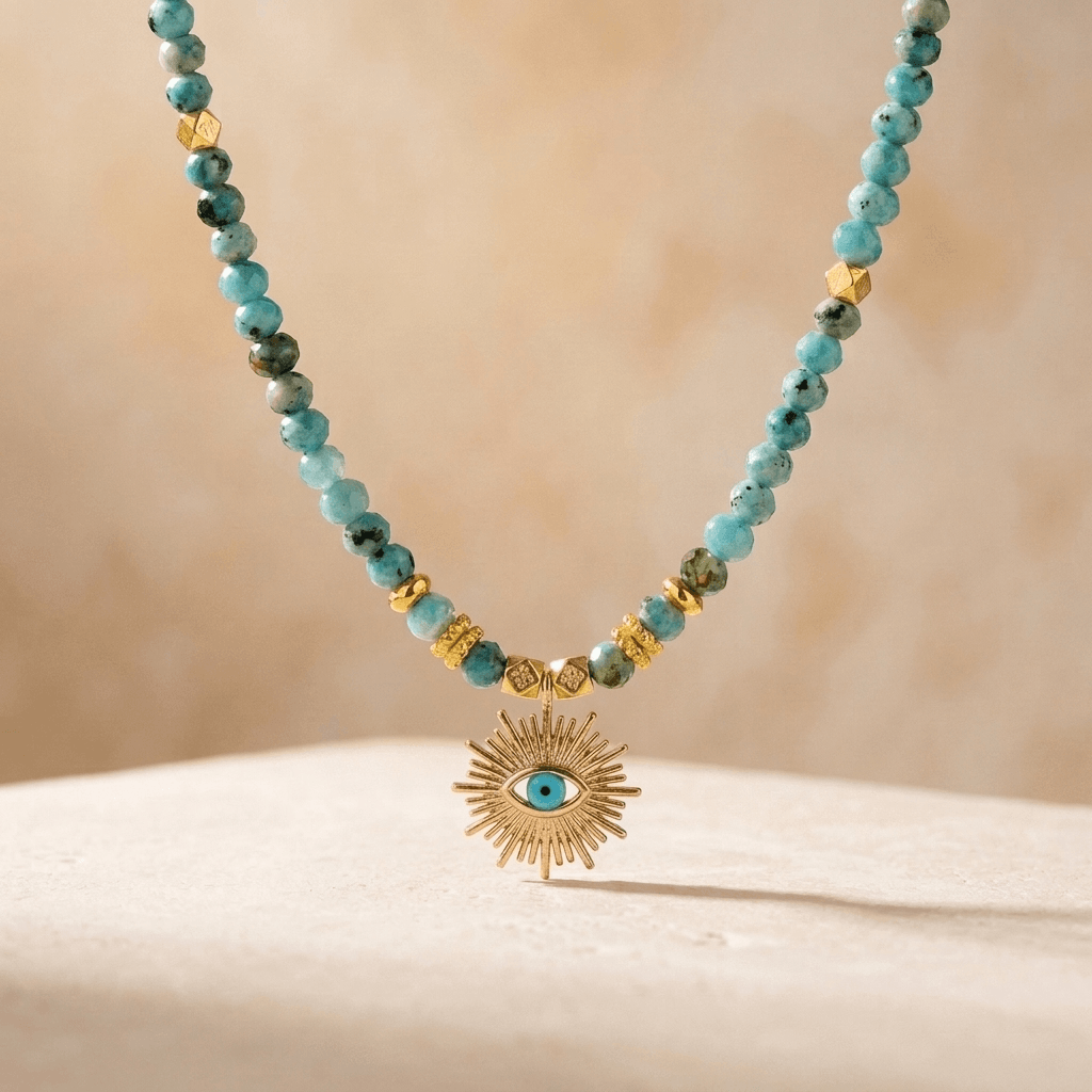 Turquoise Gold Evil Eye Sunburst Pendant Necklace