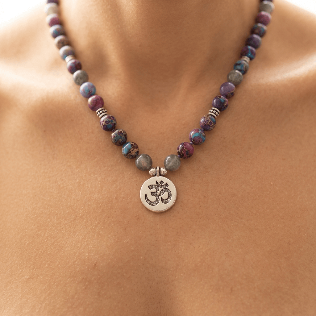 Purple Jasper Labradorite Om Symbol Mala Necklace