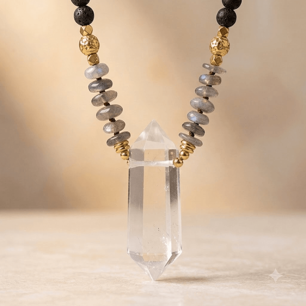 Natural Labradorite Lava Gold Pendant Necklace