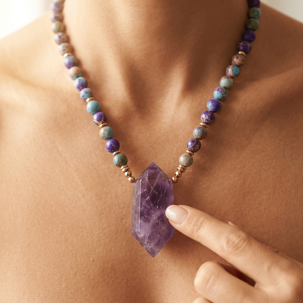 Purple Amethyst Gold Beaded Point Pendant Necklace