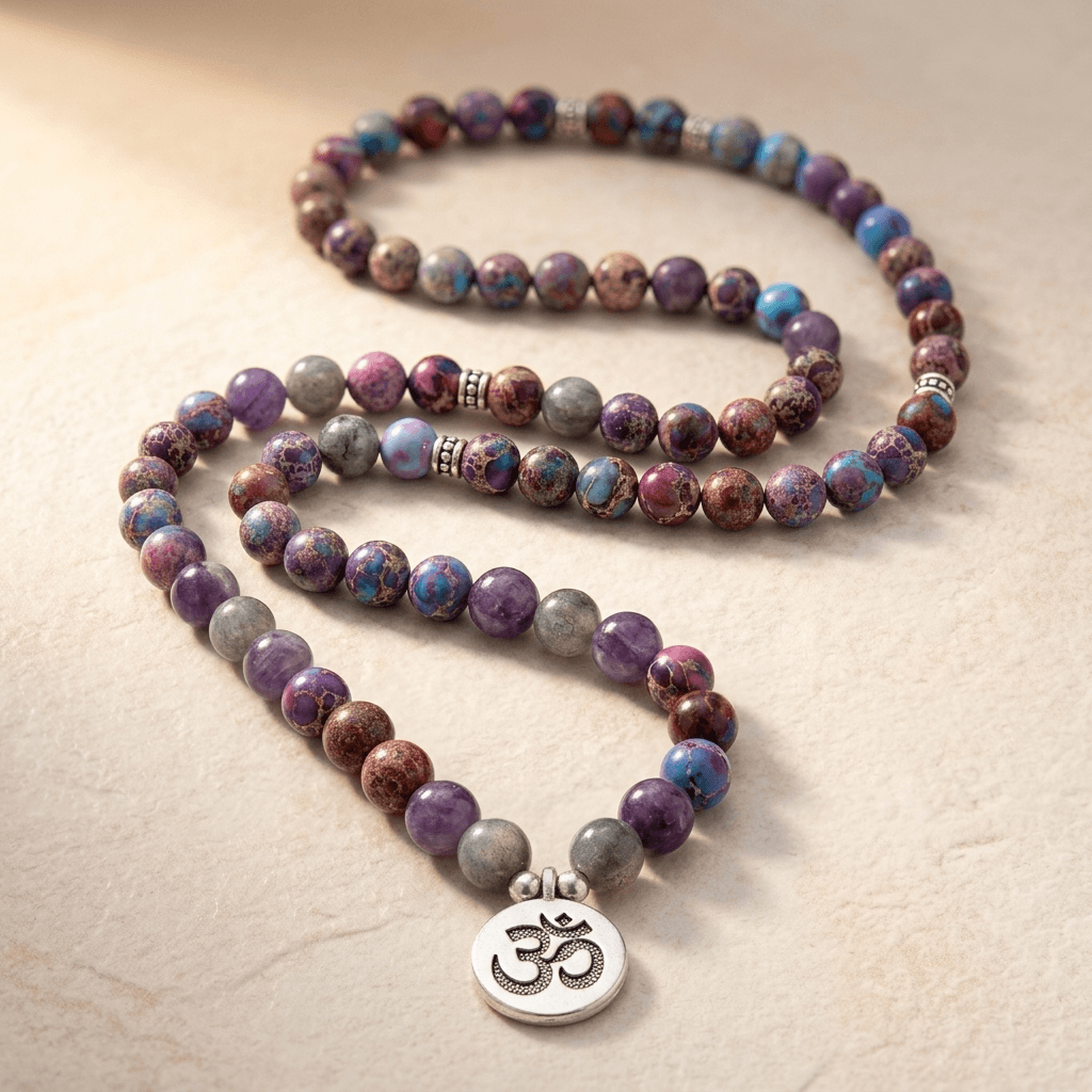 Purple Jasper Labradorite Om Symbol Mala Necklace