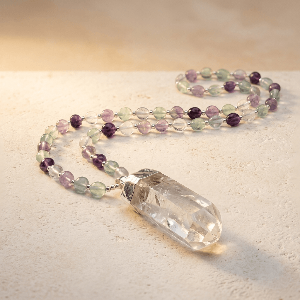 Fluorite Clear Quartz Crystal Point Pendant Necklace
