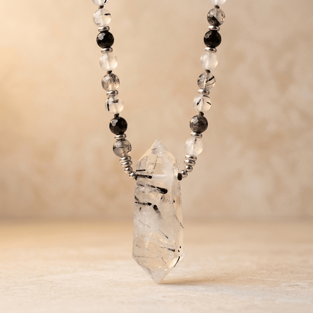 Natural Black Rutilated Quartz Crystal Necklace