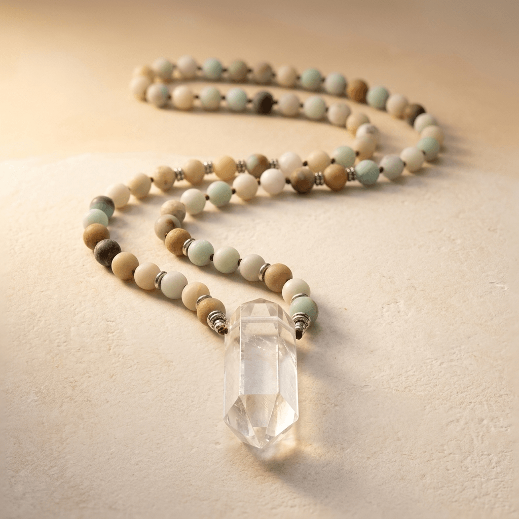 Natural Amazonite Clear Quartz Crystal Pendant Necklace