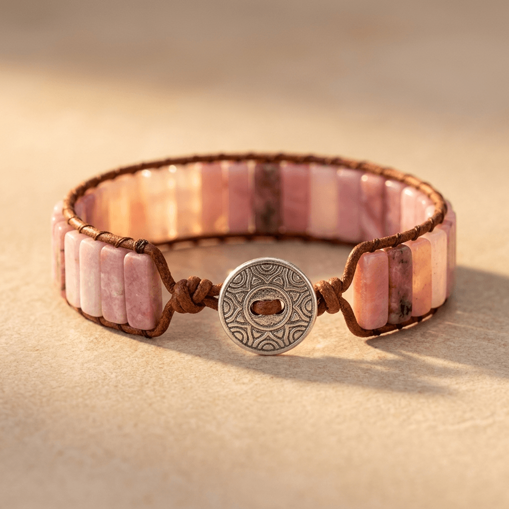 Pink Opal Stone Silver Charm Leather Wrap Bracelet