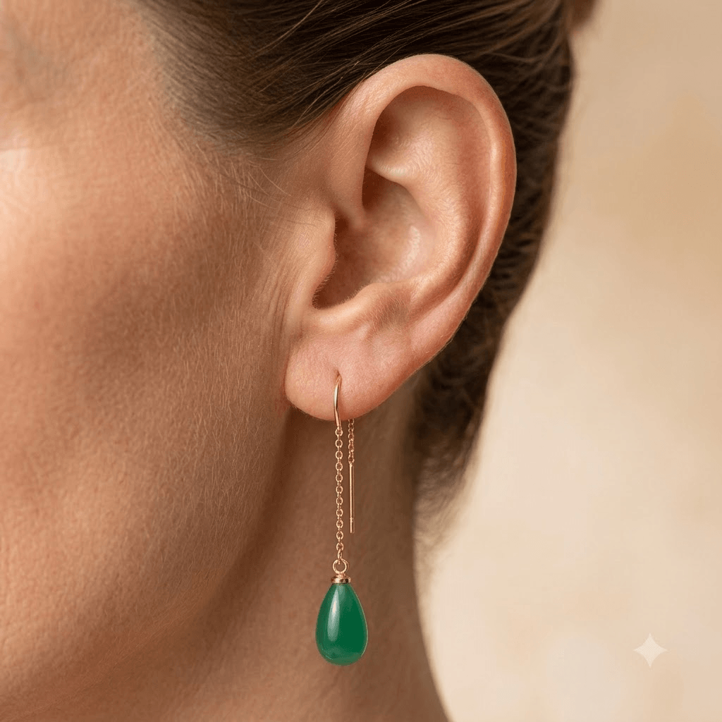 Green Onyx Gold Teardrop Thread Earrings