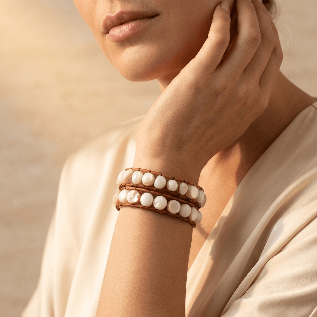 Natural White Shell Beads Brown Leather Wrap Bracelet