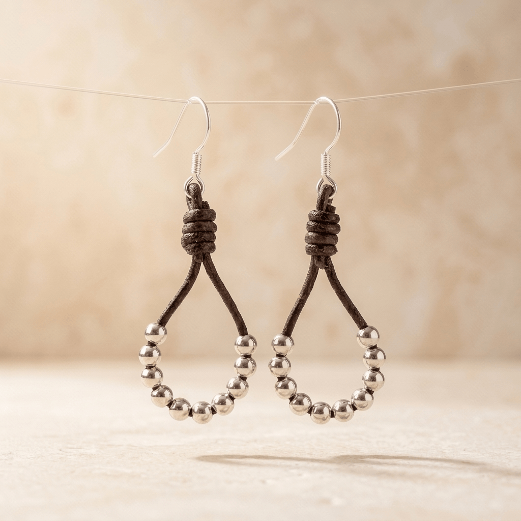 Brown Leather Silver Bead Teardrop Earrings