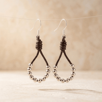 Brown Leather Silver Bead Teardrop Earrings