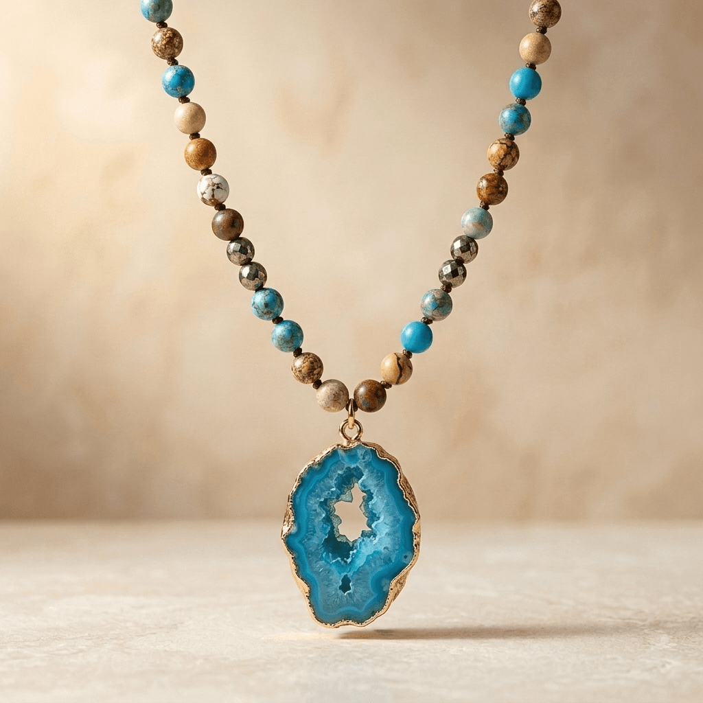 Blue Agate Gold Druzy Pendant Necklace