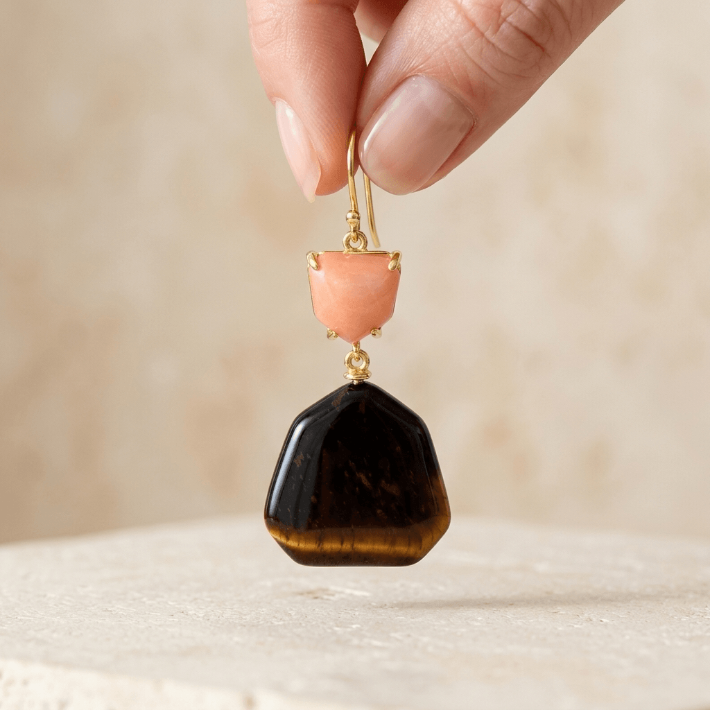 Tiger Eye Peach Stone Gold Drop Earrings