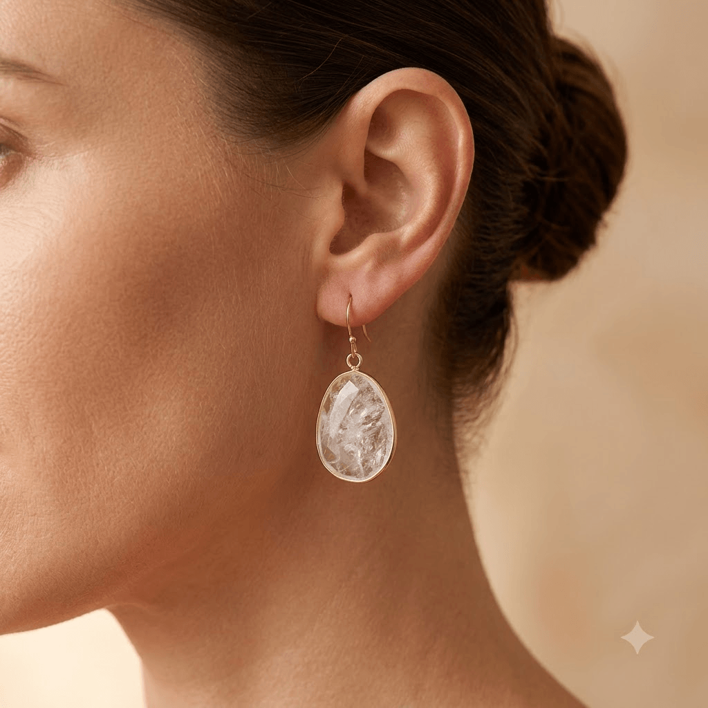 Clear Quartz Gold Teardrop Dangle Earrings