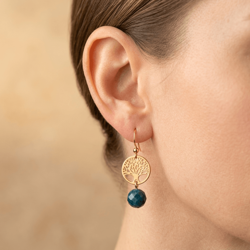 Gold Tree Of Life Blue Apatite Drop Earrings