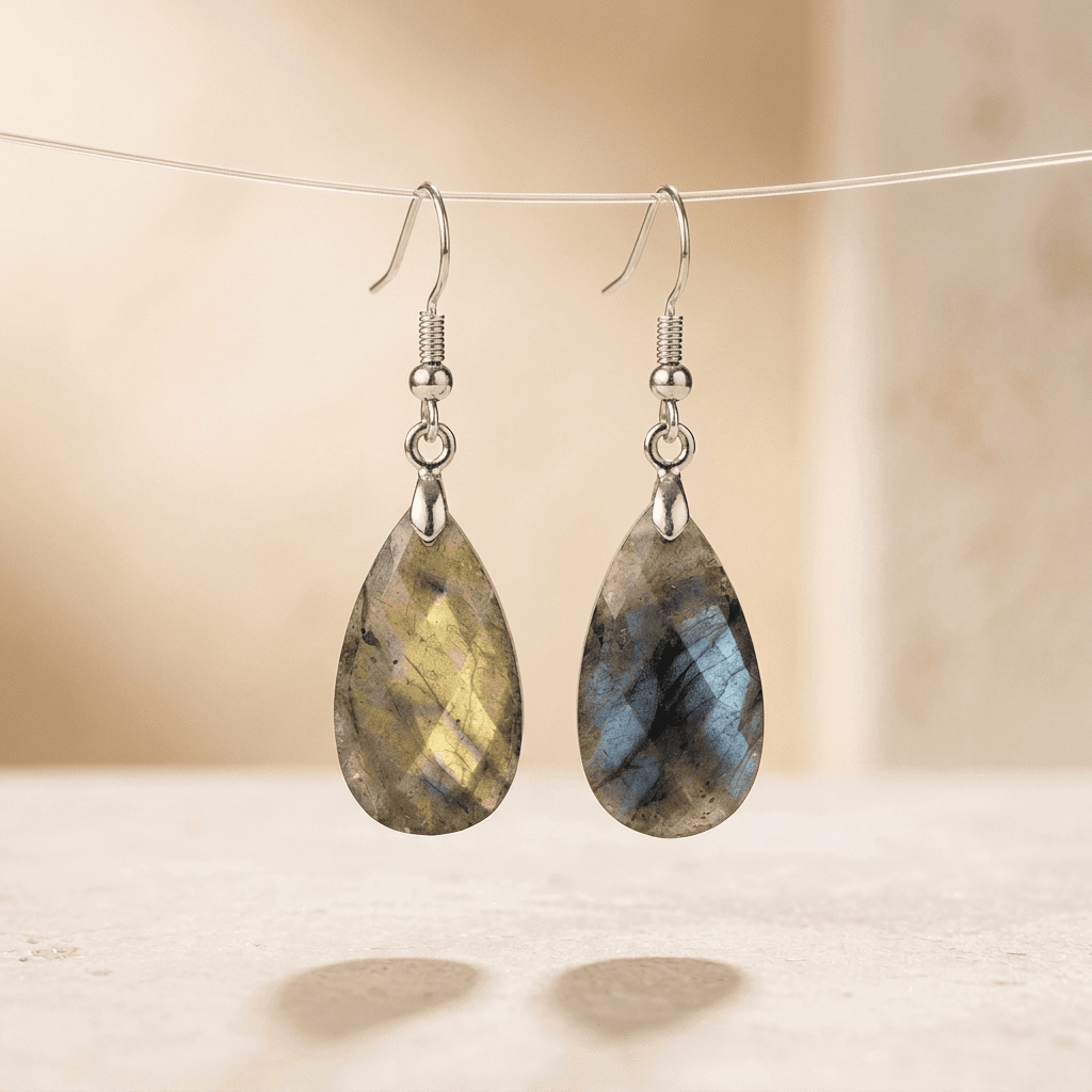 Natural Labradorite Silver Faceted Drop Earrings