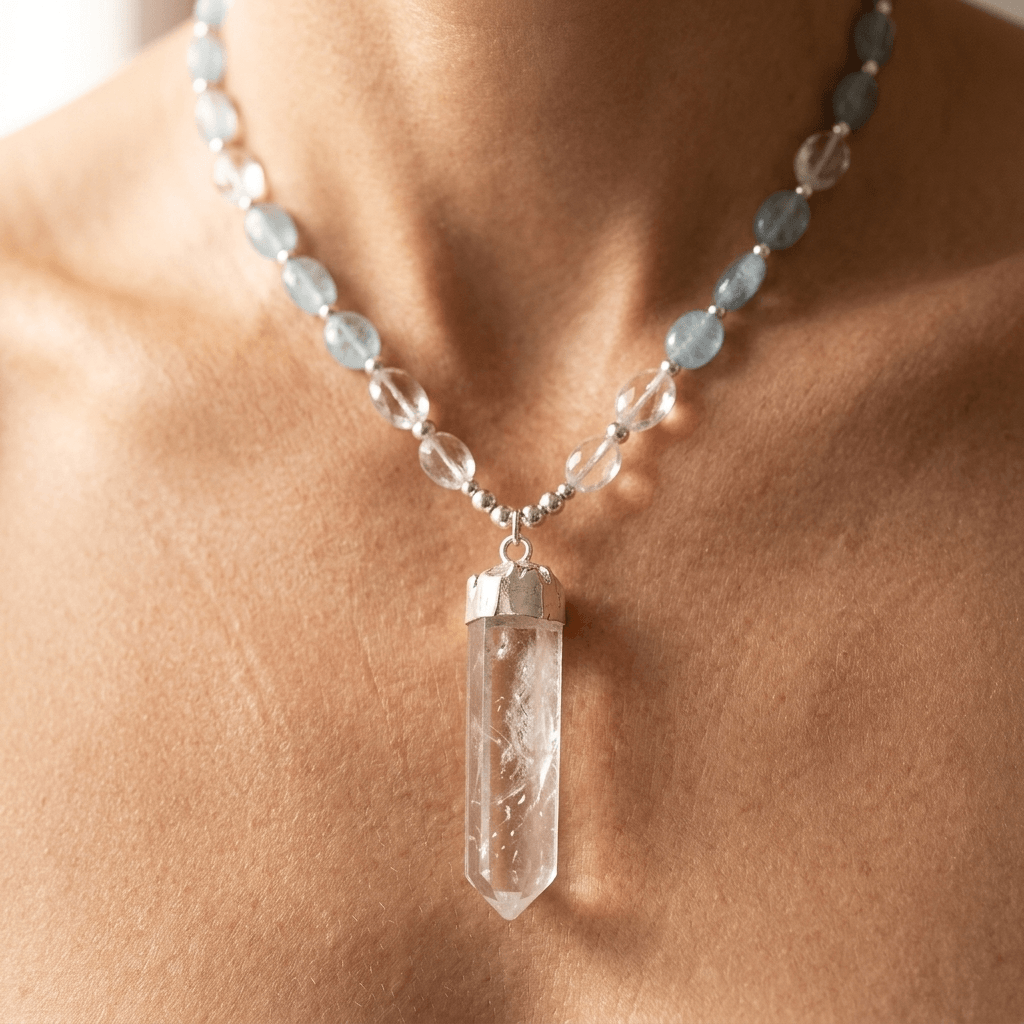 Natural Aquamarine Clear Quartz Pendant Necklace