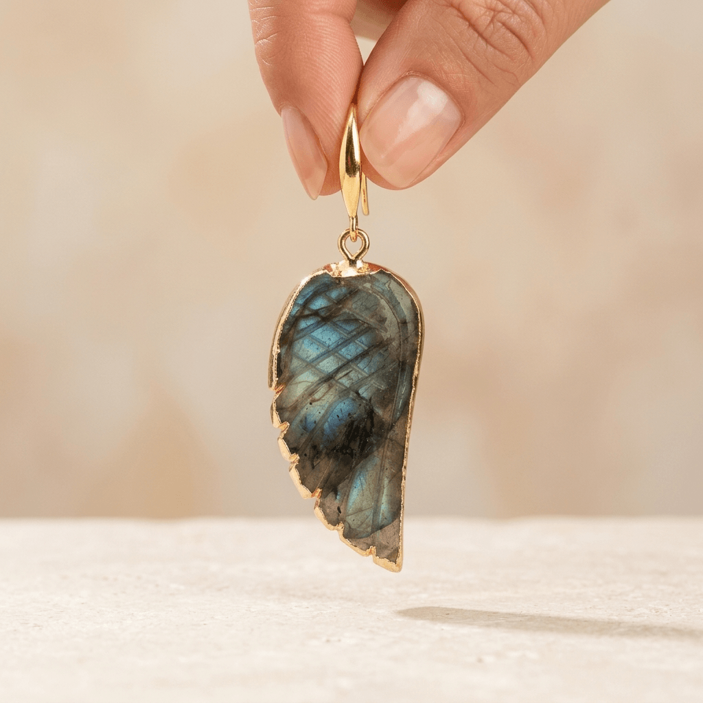 Natural Labradorite Gold Angel Wing Earrings