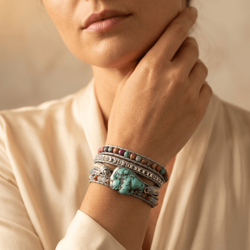 Boho Turquoise Silver Leather Wrap Bracelet