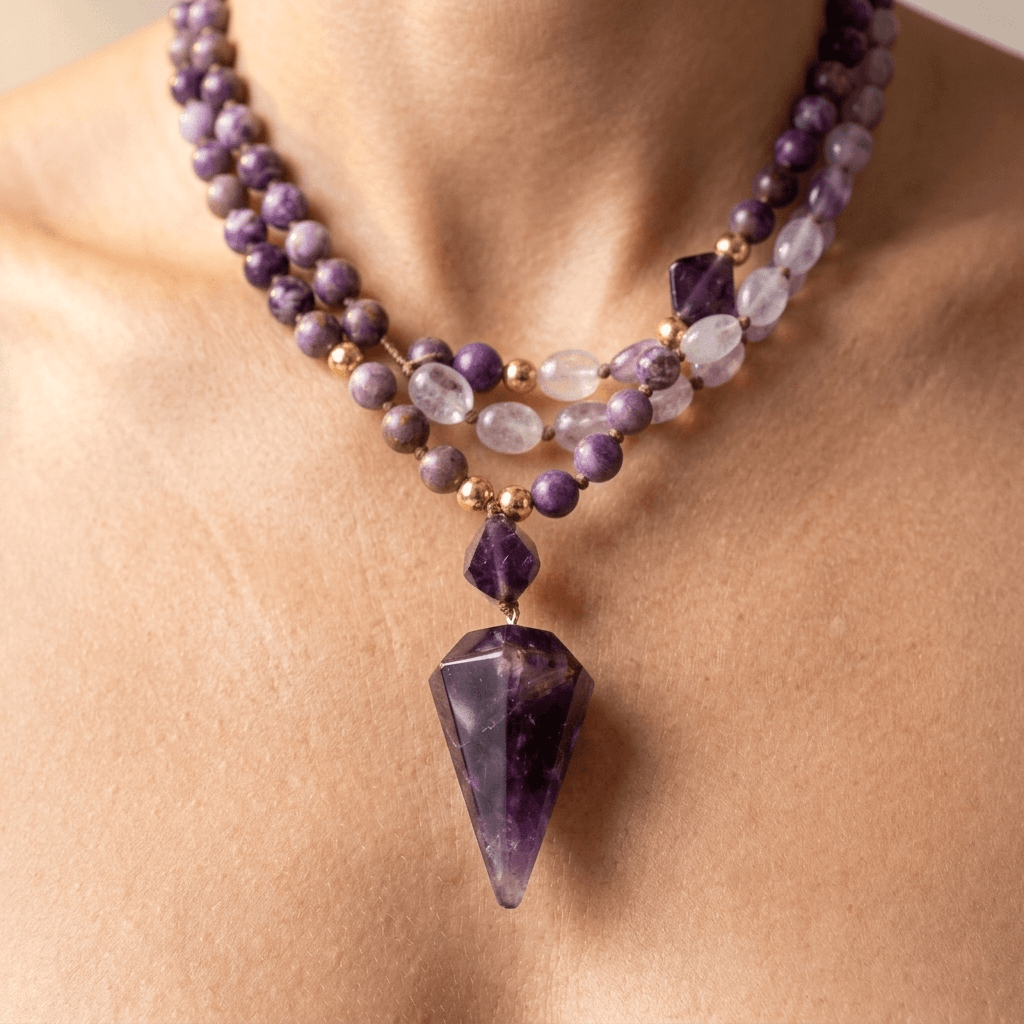 Amethyst Purple Jasper Gold Beaded Necklace
