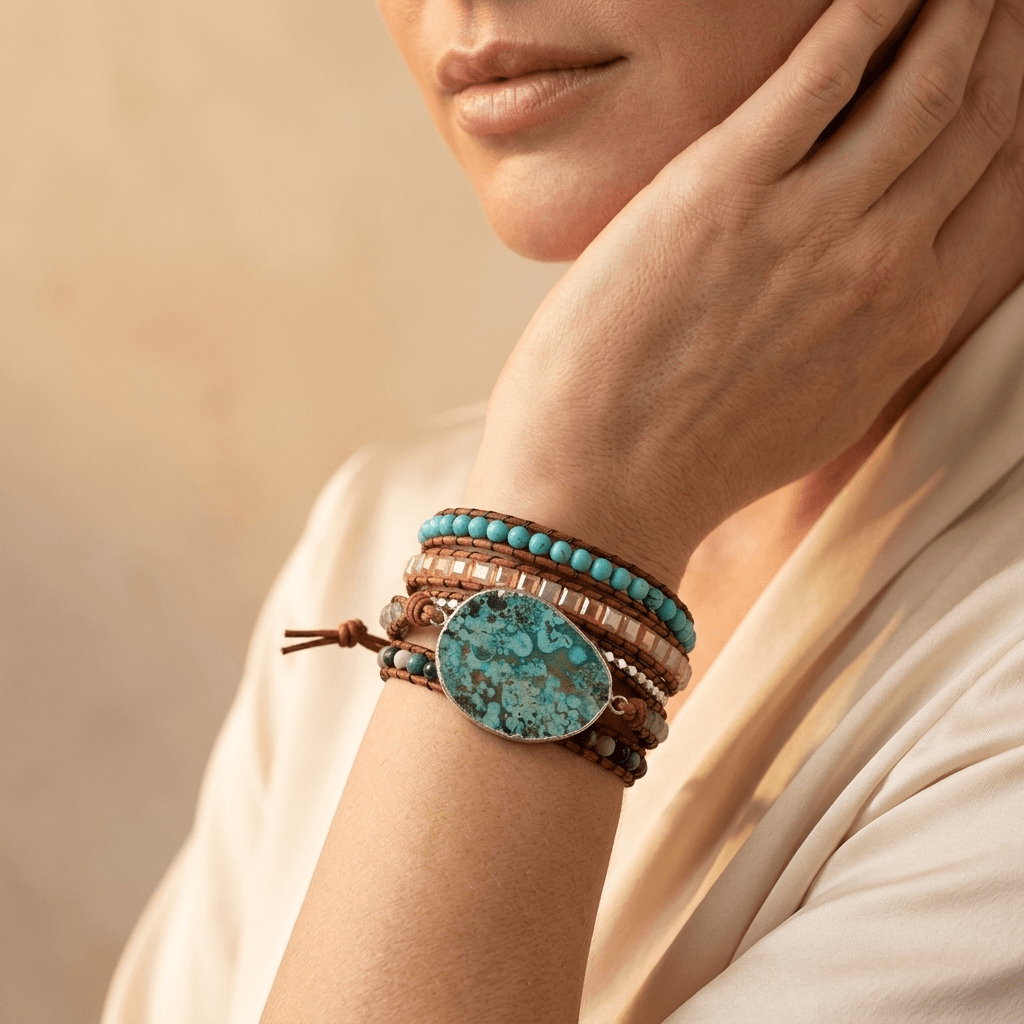 Handmade Turquoise Silver Leather Wrap Bracelet