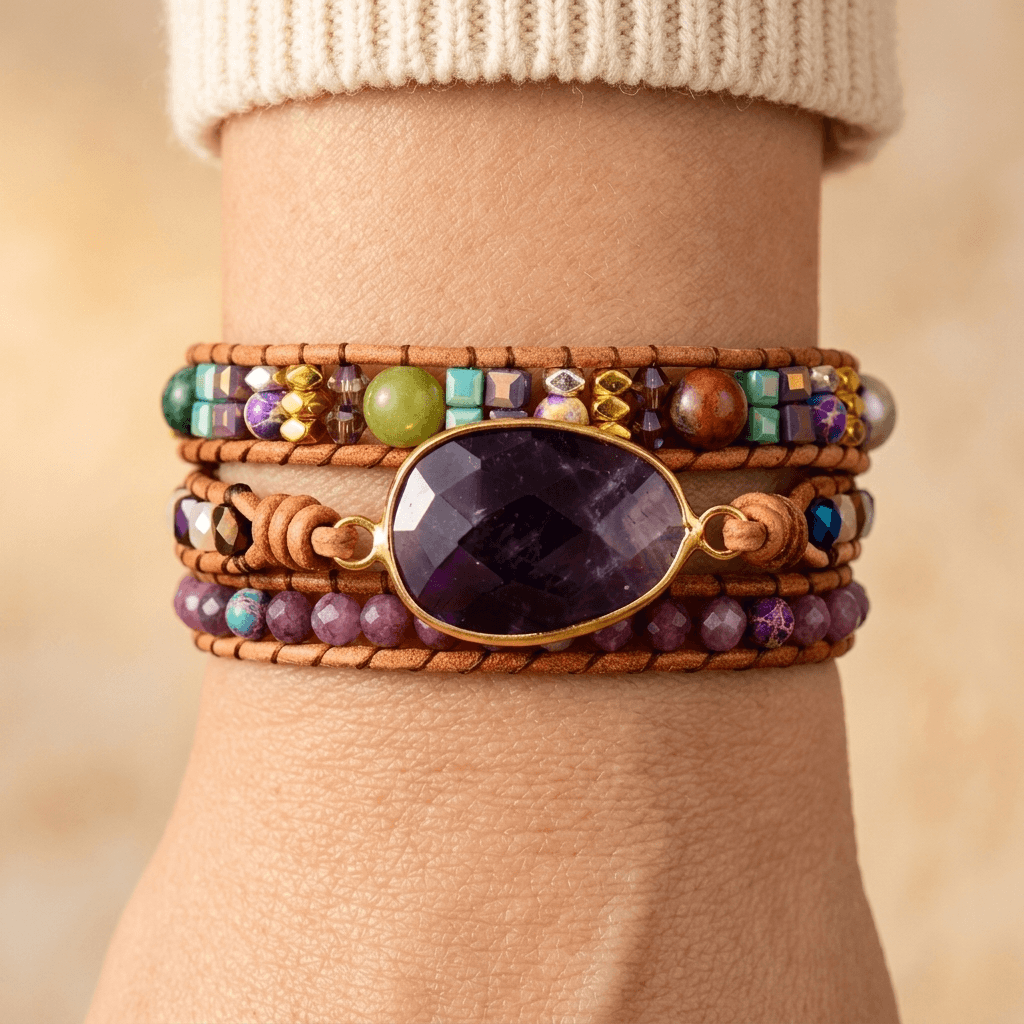 Boho Natural Amethyst Leather Wrap Bracelet